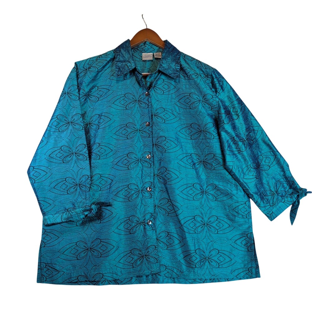 Bleu Bayou 100% Silk Sz XL VTG Teal Blue Embroidered Button Up Shirt Art Office